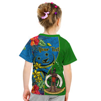 Personalised Vanuatu Malampa Day Kid T Shirt Coat Of Arms Mix Tropical Flowers LT14 - Polynesian Pride