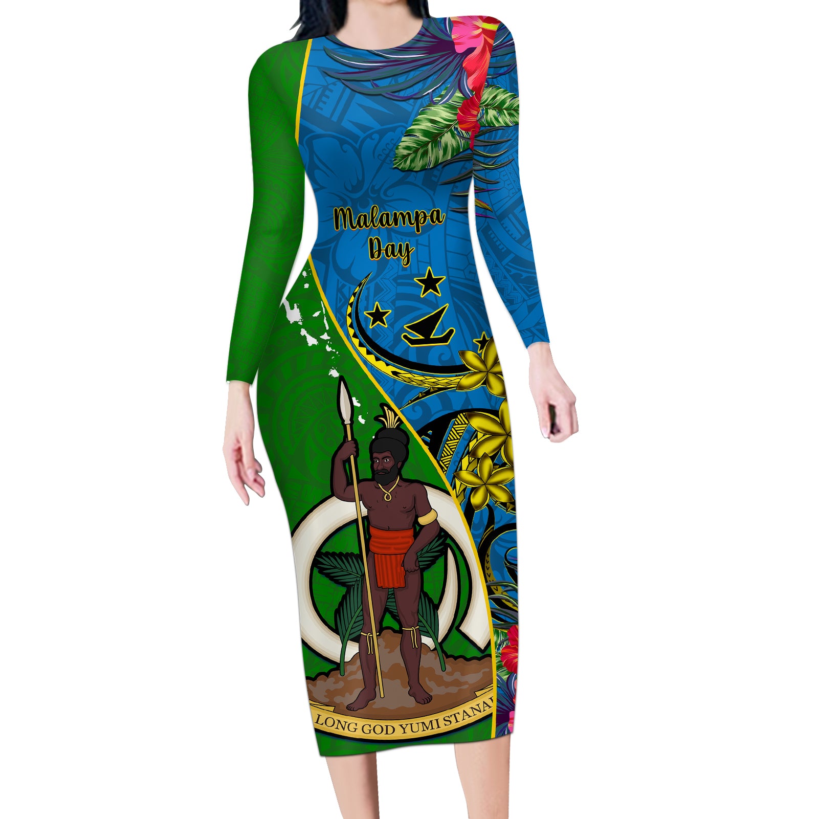 personalised-vanuatu-malampa-day-long-sleeve-bodycon-dress-coat-of-arms-mix-tropical-flowers