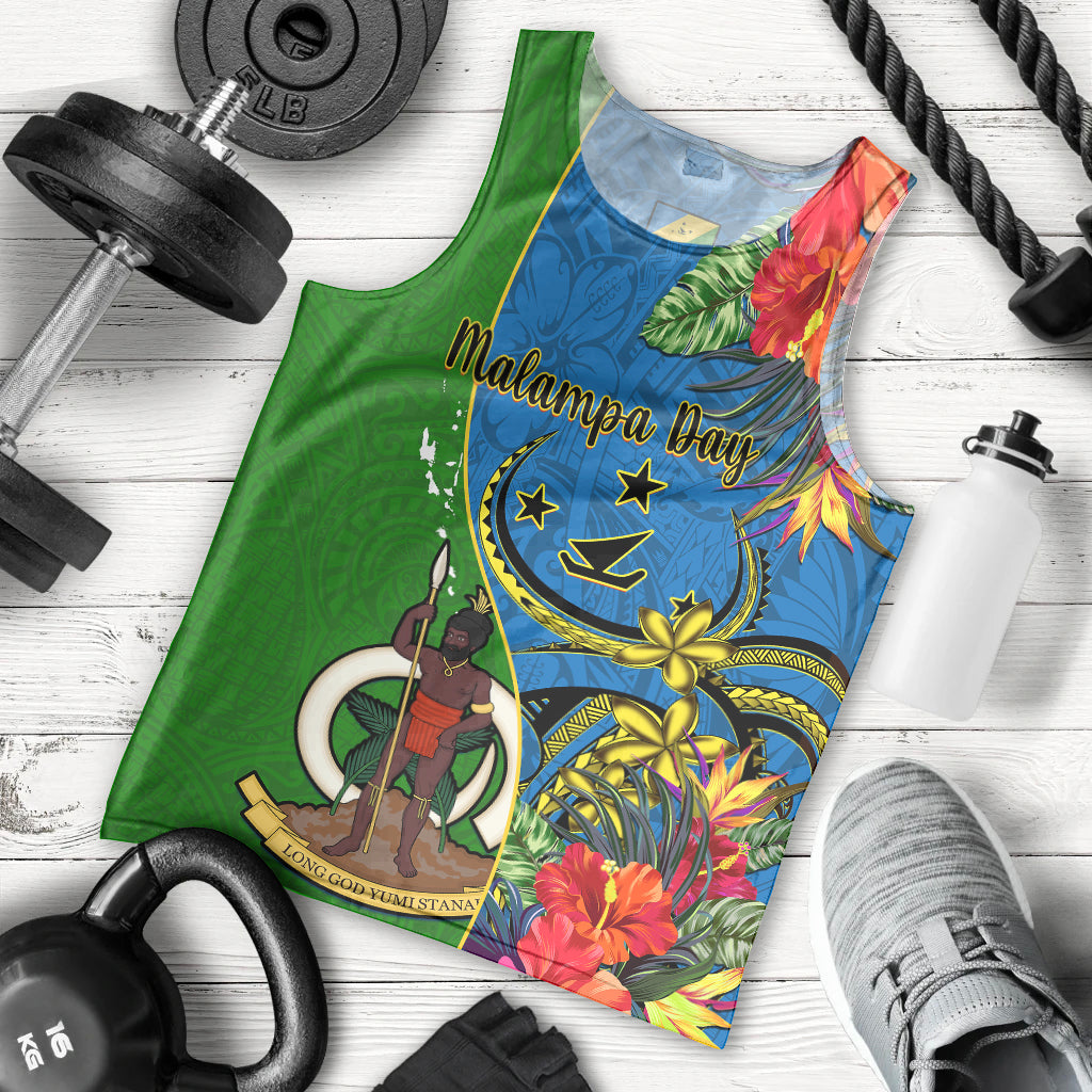 Personalised Vanuatu Malampa Day Men Tank Top Coat Of Arms Mix Tropical Flowers LT14 Green - Polynesian Pride