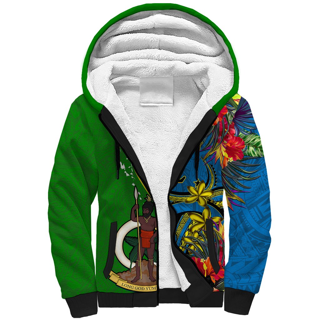 Personalised Vanuatu Malampa Day Sherpa Hoodie Coat Of Arms Mix Tropical Flowers LT14 Unisex Green - Polynesian Pride