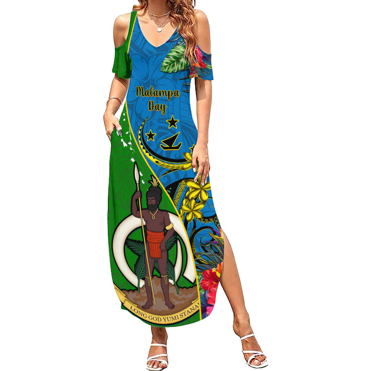 personalised-vanuatu-malampa-day-summer-maxi-dress-coat-of-arms-mix-tropical-flowers