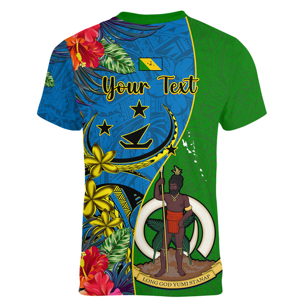 personalised-vanuatu-malampa-day-women-v-neck-t-shirt-coat-of-arms-mix-tropical-flowers