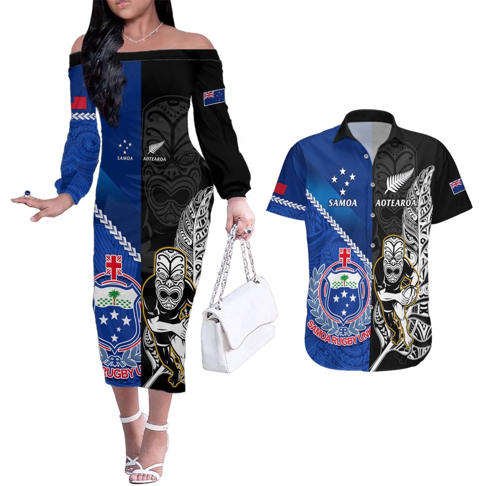 New Zealand And Samoa Rugby Couples Matching Off The Shoulder Long Sleeve Dress and Hawaiian Shirt All Black Tiki Fern Mix Manu Samoa 2023 World Cup LT14 Black - Polynesian Pride