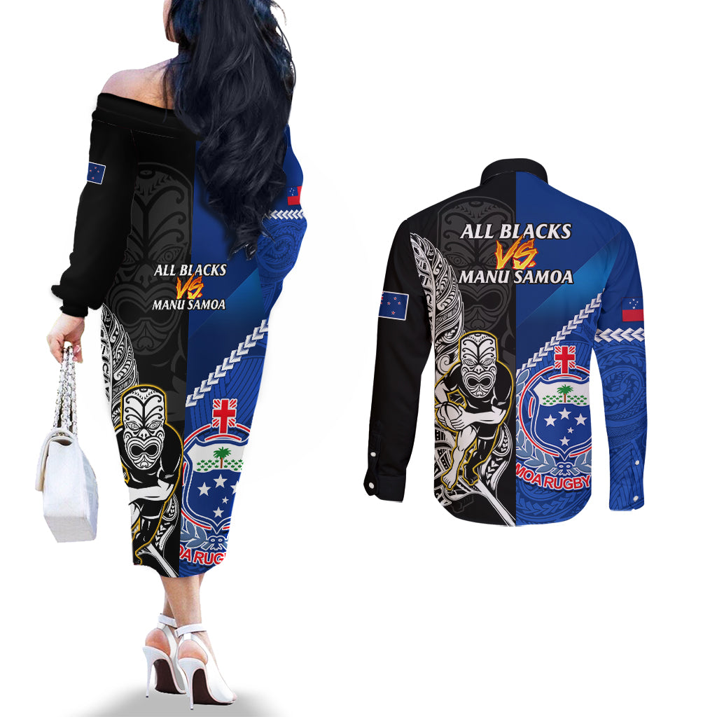 new-zealand-and-samoa-rugby-couples-matching-off-the-shoulder-long-sleeve-dress-and-long-sleeve-button-shirts-all-black-tiki-fern-mix-manu-samoa-2023-world-cup