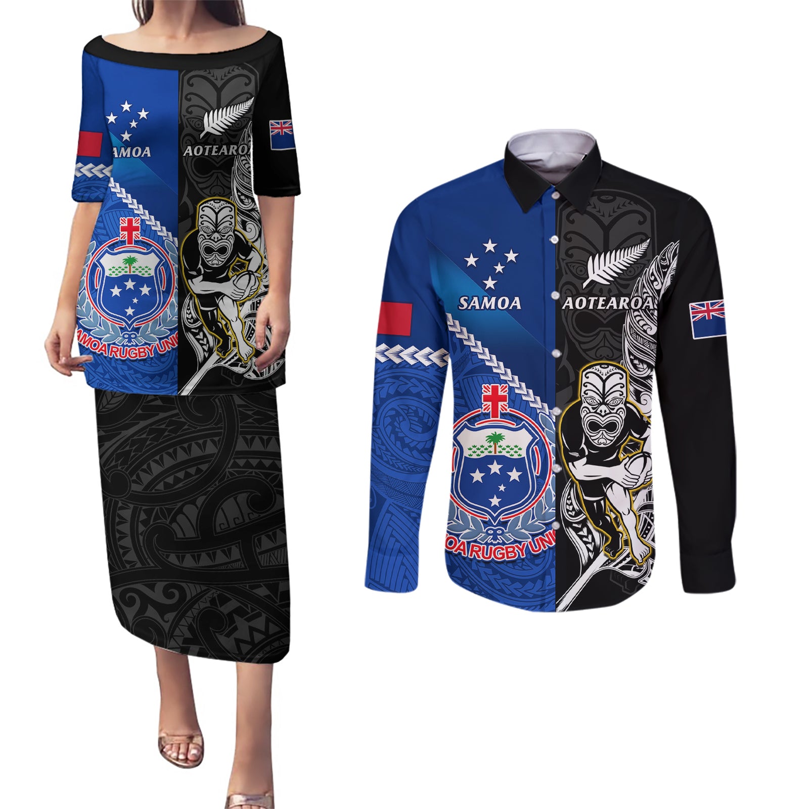 New Zealand And Samoa Rugby Couples Matching Puletasi Dress and Long Sleeve Button Shirts All Black Tiki Fern Mix Manu Samoa 2023 World Cup LT14 Black - Polynesian Pride