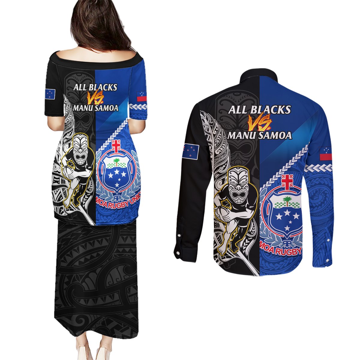 New Zealand And Samoa Rugby Couples Matching Puletasi Dress and Long Sleeve Button Shirts All Black Tiki Fern Mix Manu Samoa 2023 World Cup LT14 - Polynesian Pride