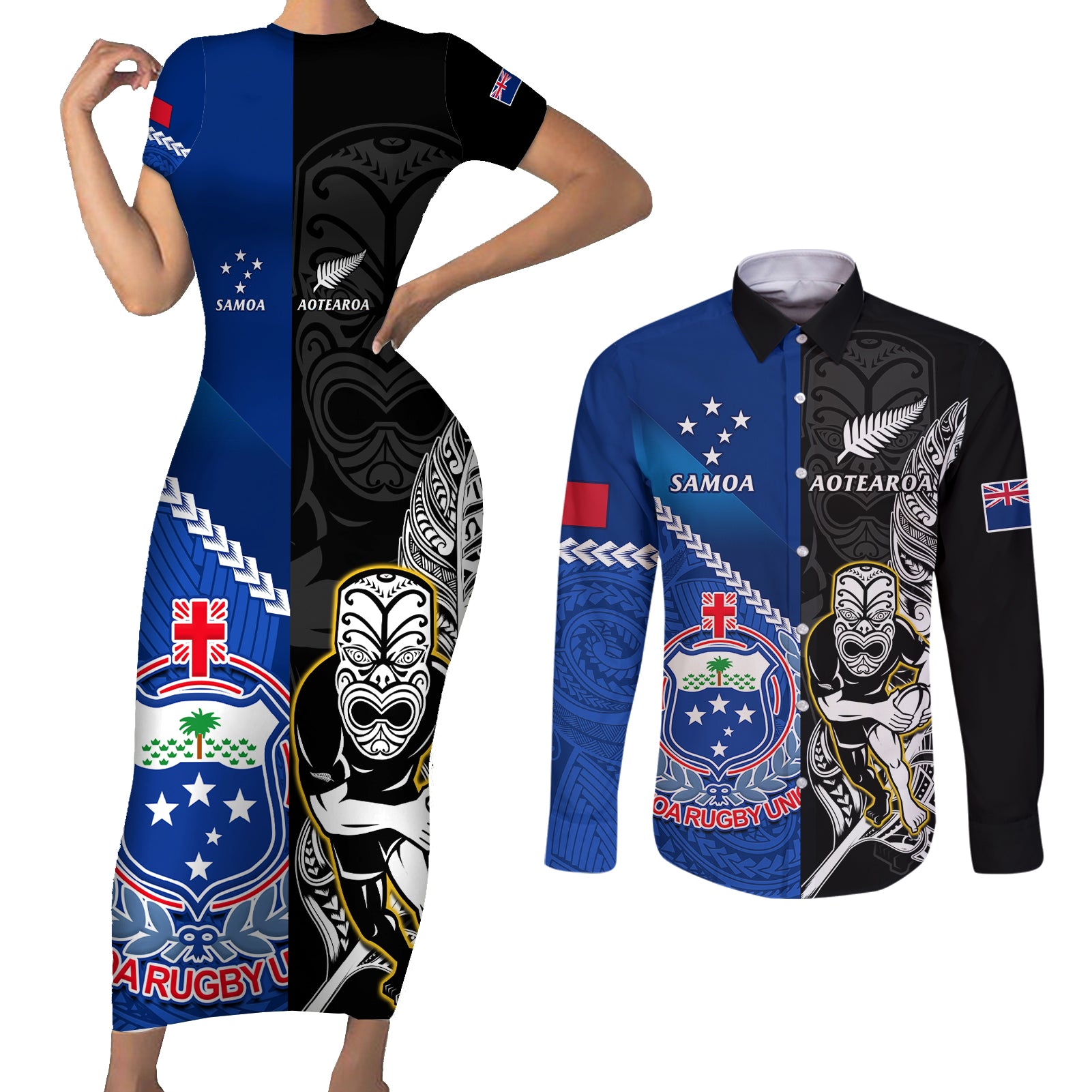 new-zealand-and-samoa-rugby-couples-matching-short-sleeve-bodycon-dress-and-long-sleeve-button-shirts-all-black-tiki-fern-mix-manu-samoa-2023-world-cup