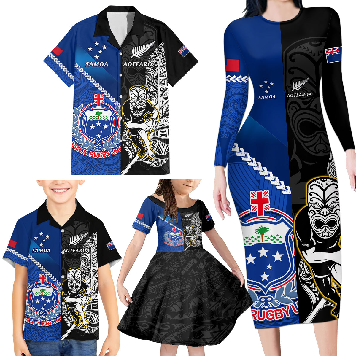 new-zealand-and-samoa-rugby-family-matching-long-sleeve-bodycon-dress-and-hawaiian-shirt-all-black-tiki-fern-mix-manu-samoa-2023-world-cup