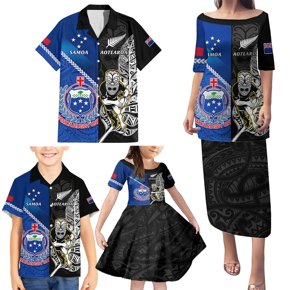 New Zealand And Samoa Rugby Family Matching Puletasi Dress and Hawaiian Shirt All Black Tiki Fern Mix Manu Samoa 2023 World Cup LT14 - Polynesian Pride