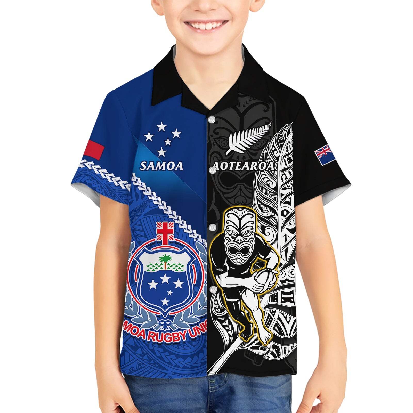 new-zealand-and-samoa-rugby-kid-hawaiian-shirt-all-black-tiki-fern-mix-manu-samoa-2023-world-cup