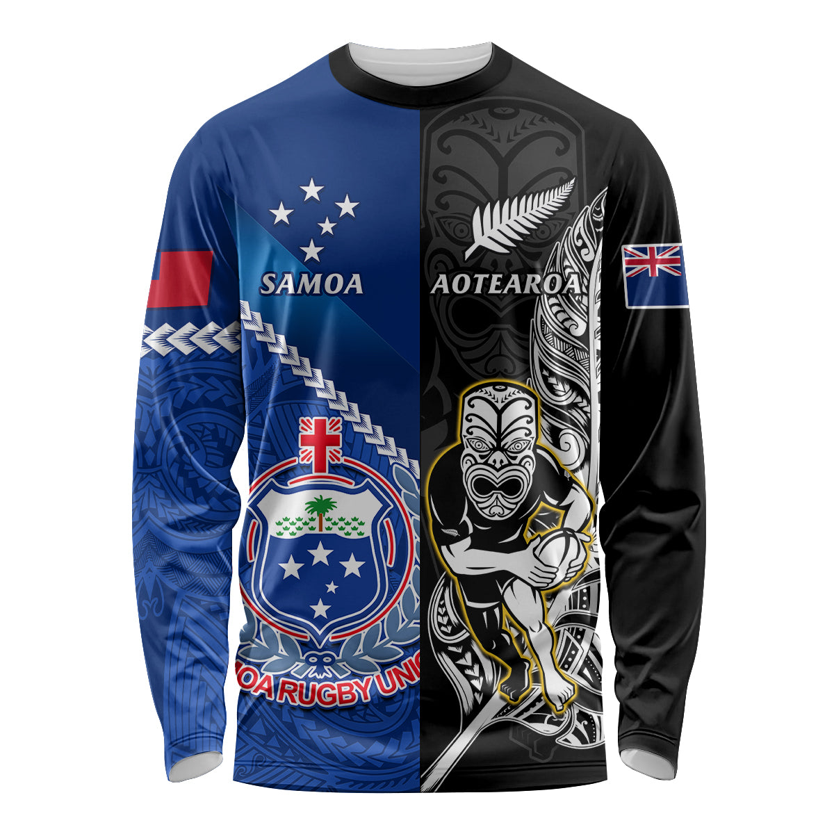 New Zealand And Samoa Rugby Long Sleeve Shirt All Black Tiki Fern Mix Manu Samoa 2023 World Cup LT14 Unisex Black - Polynesian Pride