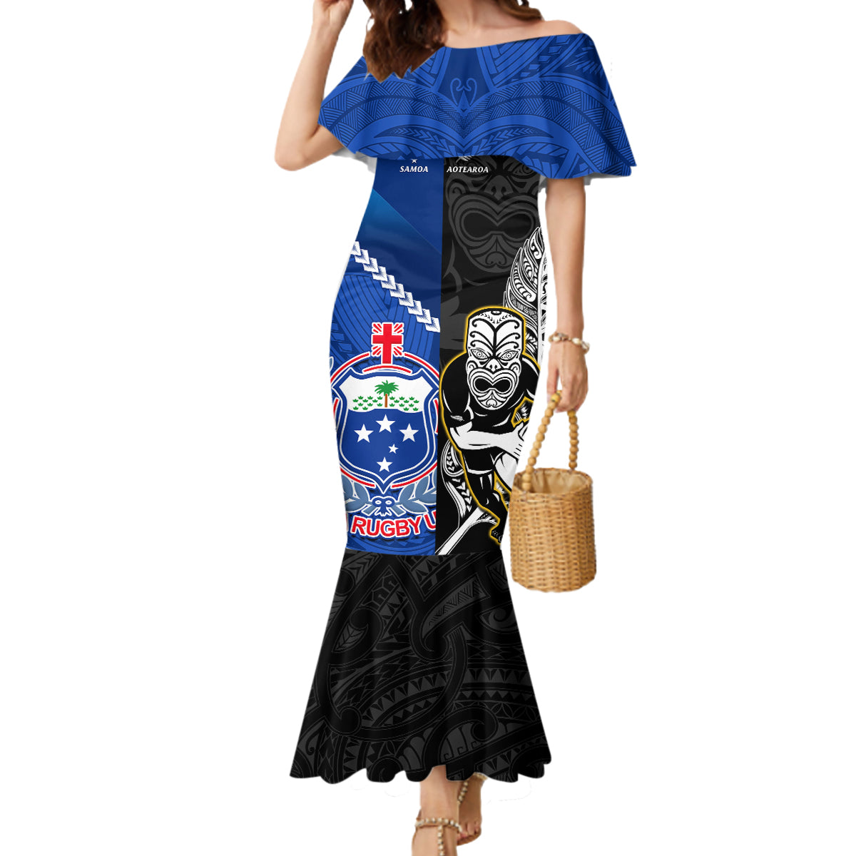 new-zealand-and-samoa-rugby-mermaid-dress-all-black-tiki-fern-mix-manu-samoa-2023-world-cup