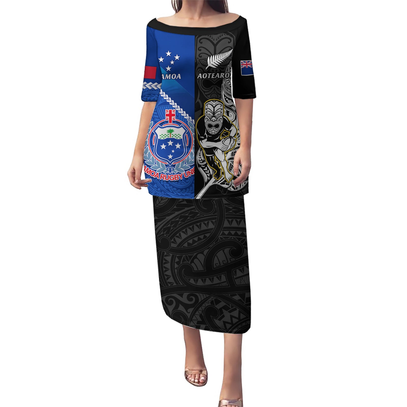 New Zealand And Samoa Rugby Puletasi All Black Tiki Fern Mix Manu Samoa 2023 World Cup LT14 Long Dress Black - Polynesian Pride