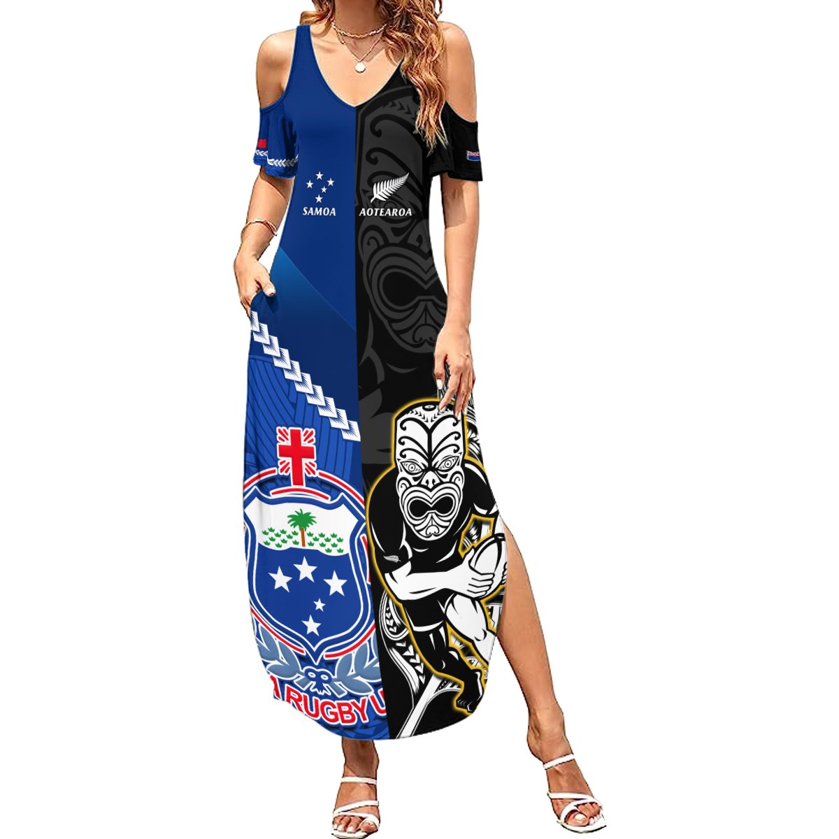 New Zealand And Samoa Rugby Summer Maxi Dress All Black Tiki Fern Mix Manu Samoa 2023 World Cup LT14 Women Black - Polynesian Pride