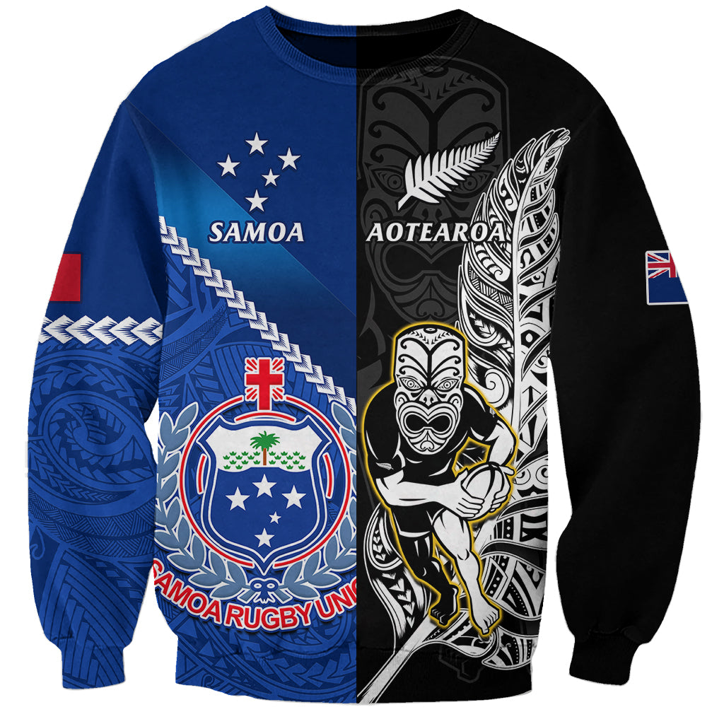 New Zealand And Samoa Rugby Sweatshirt All Black Tiki Fern Mix Manu Samoa 2023 World Cup LT14 Unisex Black - Polynesian Pride