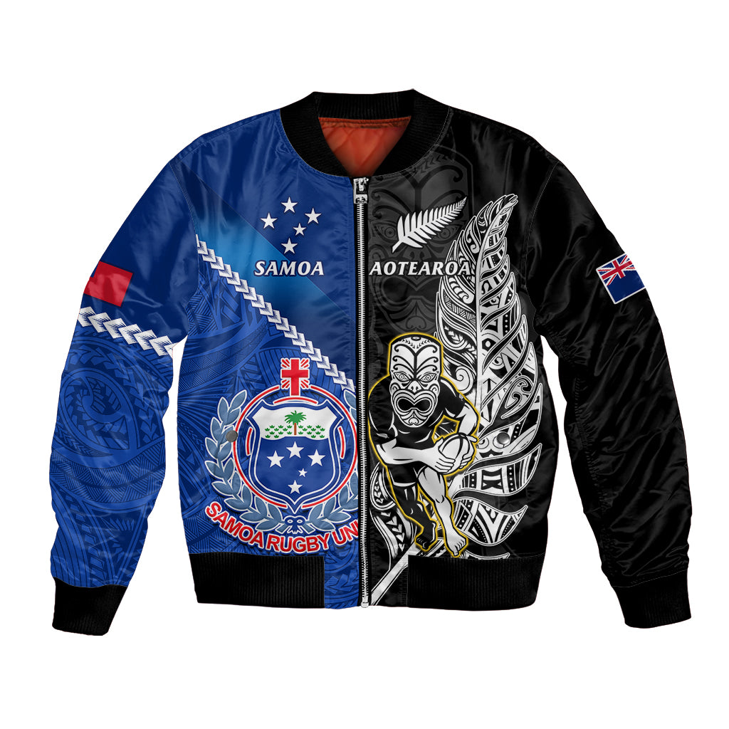 Custom New Zealand And Samoa Rugby Bomber Jacket All Black Tiki Fern Mix Manu Samoa 2023 World Cup LT14 Unisex Black - Polynesian Pride