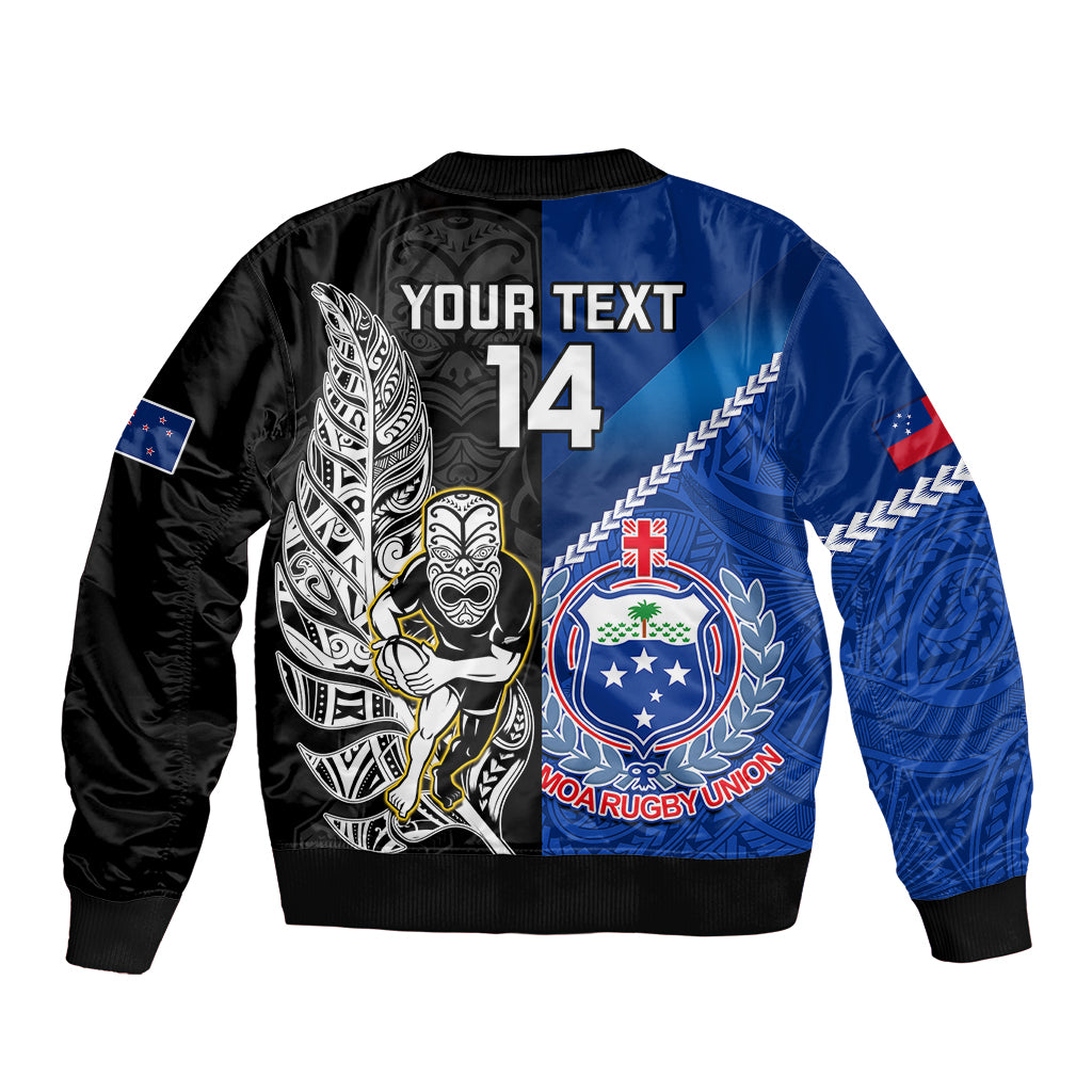 Custom New Zealand And Samoa Rugby Bomber Jacket All Black Tiki Fern Mix Manu Samoa 2023 World Cup LT14 - Polynesian Pride