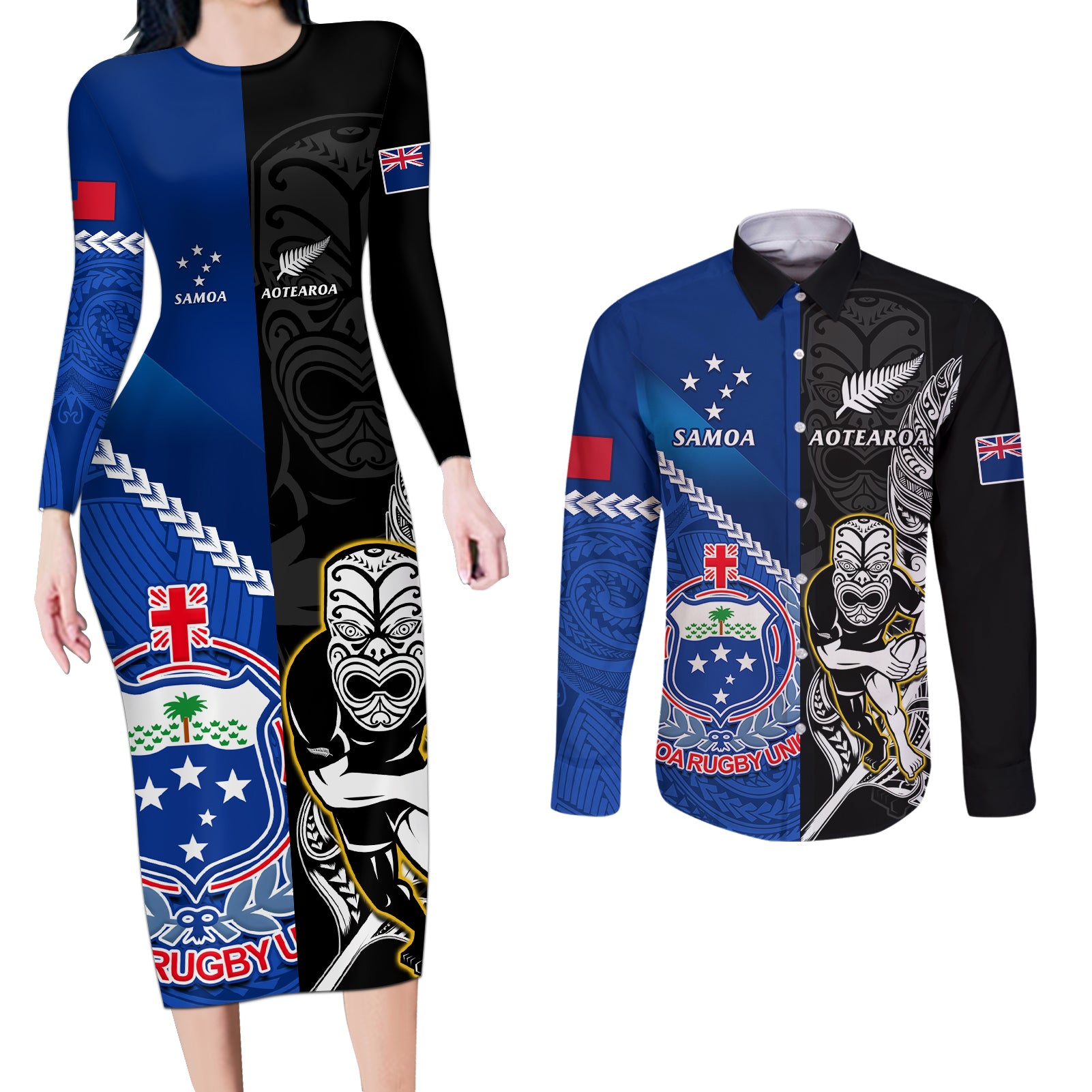 custom-new-zealand-and-samoa-rugby-couples-matching-long-sleeve-bodycon-dress-and-long-sleeve-button-shirts-all-black-tiki-fern-mix-manu-samoa-2023-world-cup