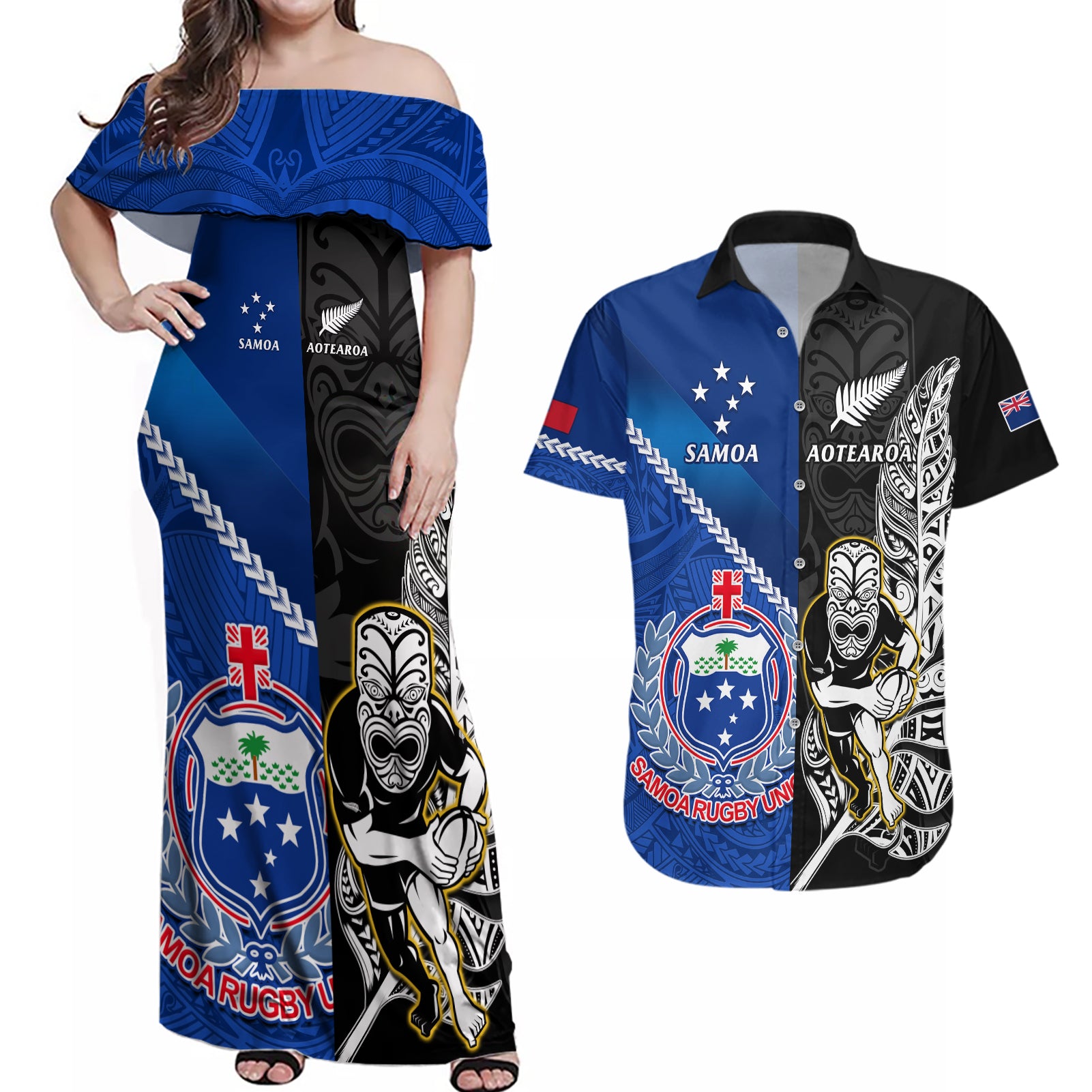 custom-new-zealand-and-samoa-rugby-couples-matching-off-shoulder-maxi-dress-and-hawaiian-shirt-all-black-tiki-fern-mix-manu-samoa-2023-world-cup