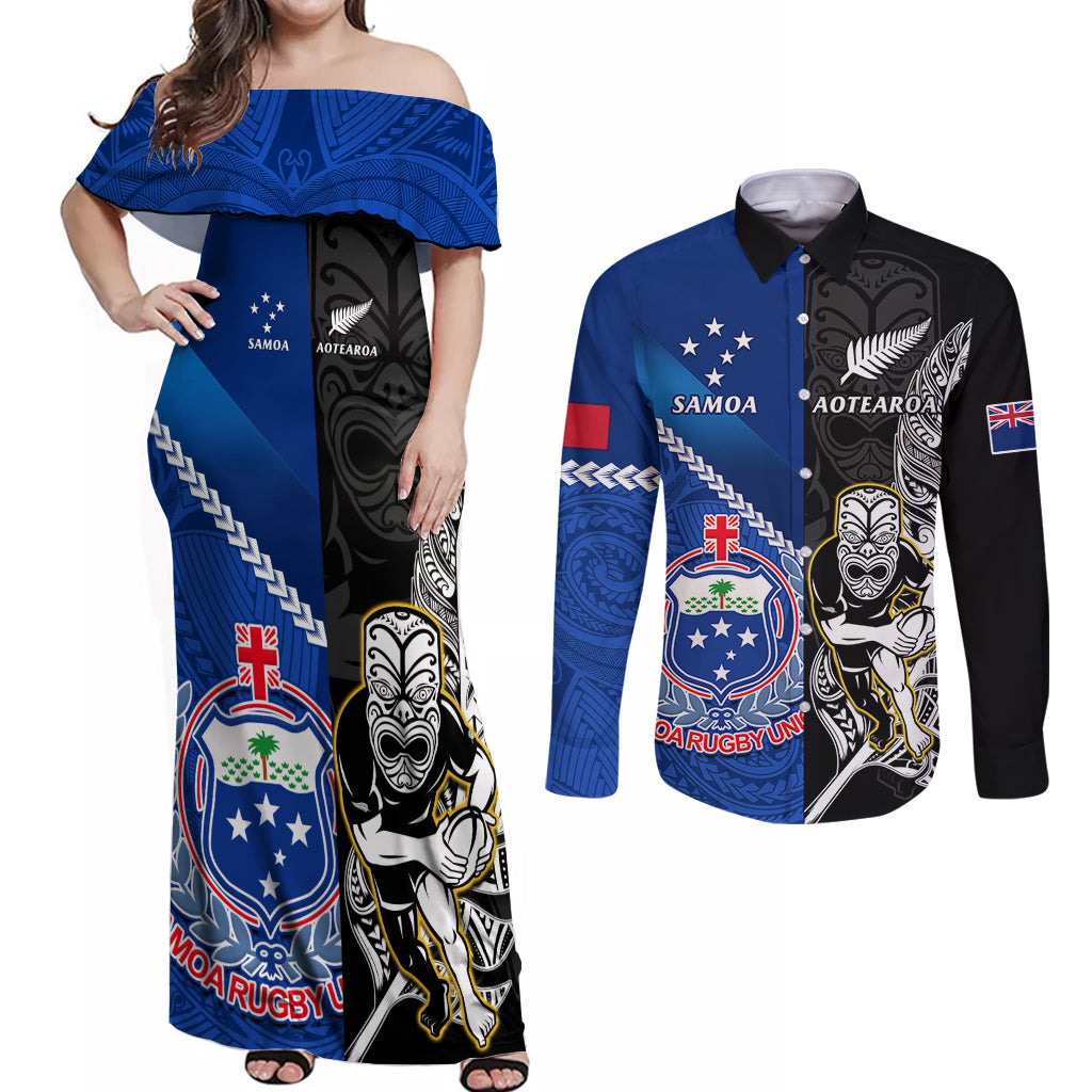 Custom New Zealand And Samoa Rugby Couples Matching Off Shoulder Maxi Dress and Long Sleeve Button Shirts All Black Tiki Fern Mix Manu Samoa 2023 World Cup LT14 Black - Polynesian Pride
