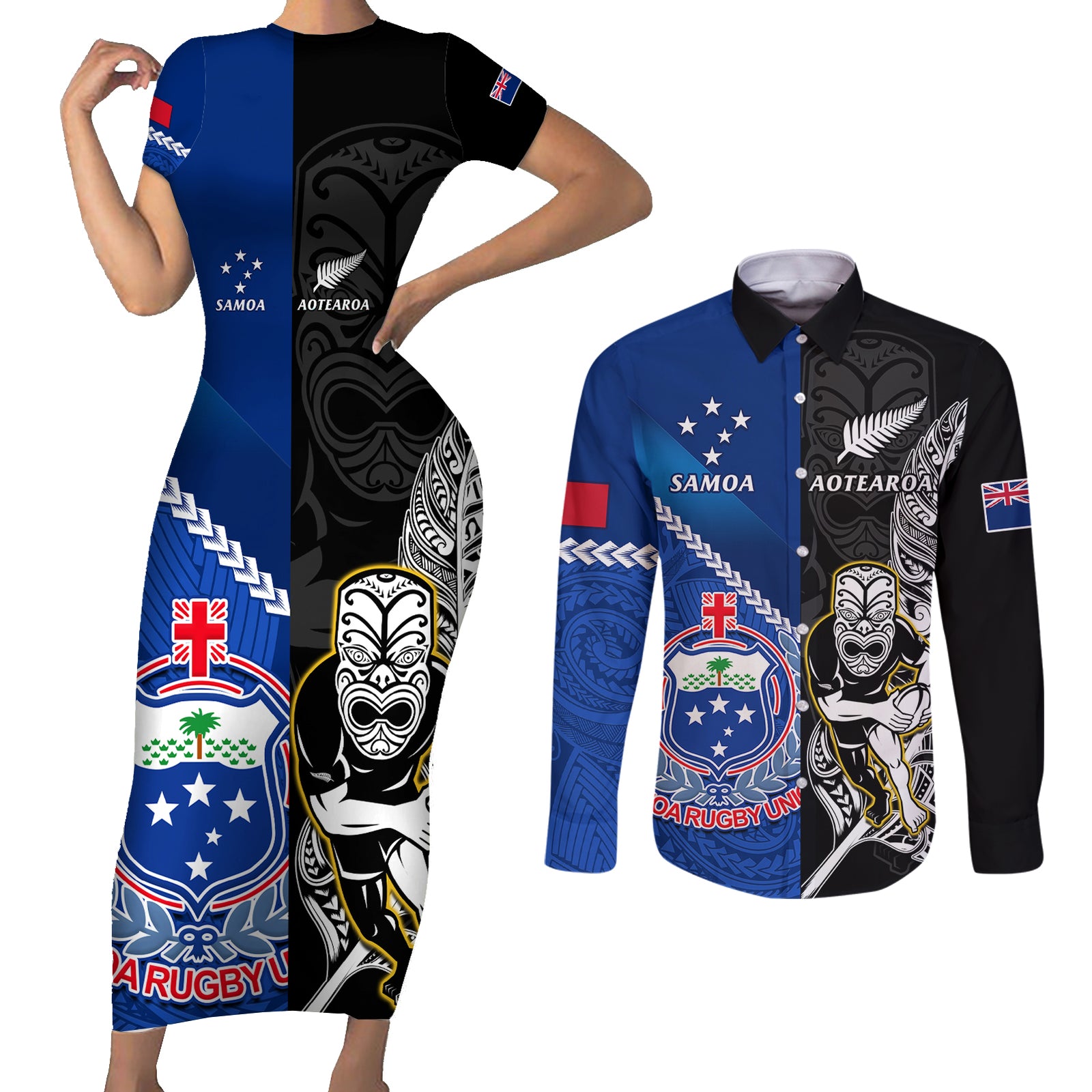 Custom New Zealand And Samoa Rugby Couples Matching Short Sleeve Bodycon Dress and Long Sleeve Button Shirts All Black Tiki Fern Mix Manu Samoa 2023 World Cup LT14 Black - Polynesian Pride