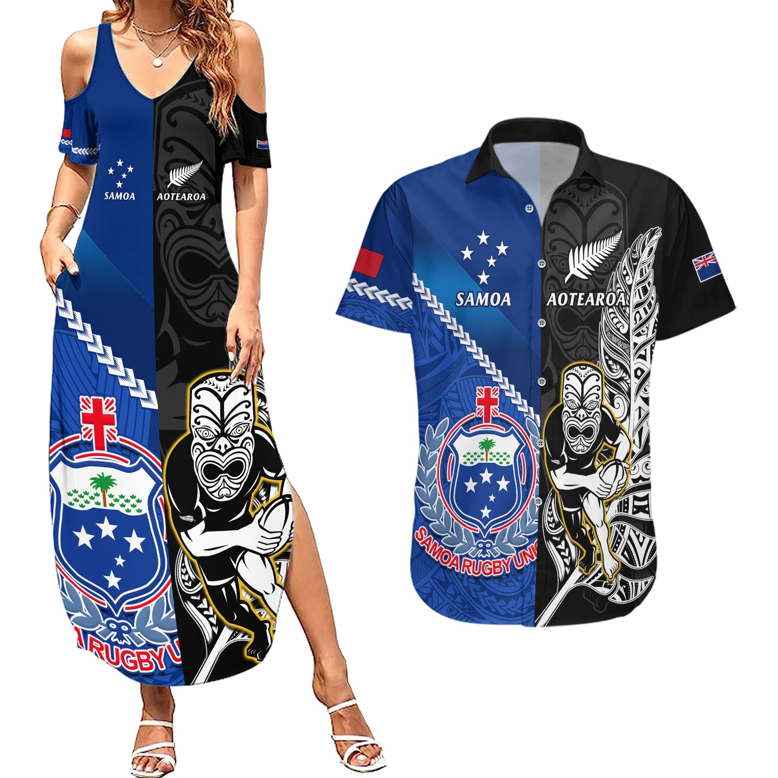 custom-new-zealand-and-samoa-rugby-couples-matching-summer-maxi-dress-and-hawaiian-shirt-all-black-tiki-fern-mix-manu-samoa-2023-world-cup