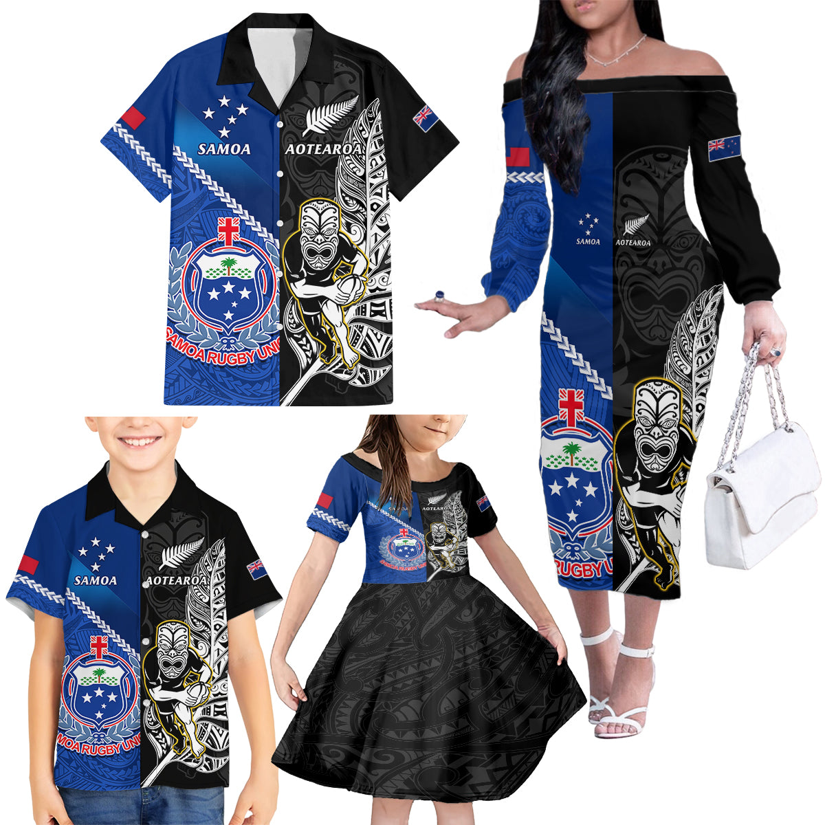 custom-new-zealand-and-samoa-rugby-family-matching-off-shoulder-long-sleeve-dress-and-hawaiian-shirt-all-black-tiki-fern-mix-manu-samoa-2023-world-cup