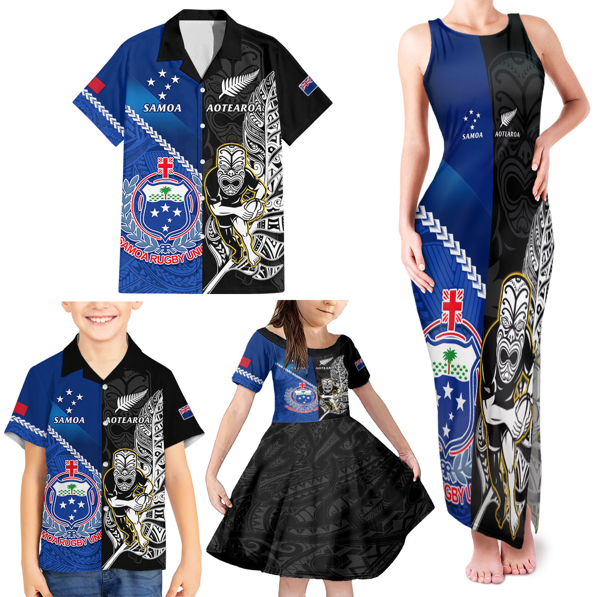 custom-new-zealand-and-samoa-rugby-family-matching-tank-maxi-dress-and-hawaiian-shirt-all-black-tiki-fern-mix-manu-samoa-2023-world-cup