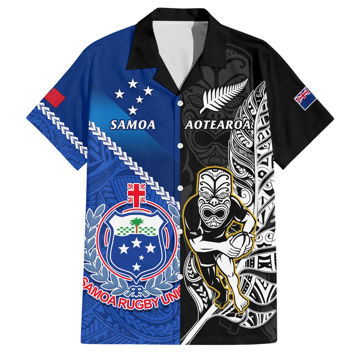 Custom New Zealand And Samoa Rugby Hawaiian Shirt All Black Tiki Fern Mix Manu Samoa 2023 World Cup LT14 Black - Polynesian Pride