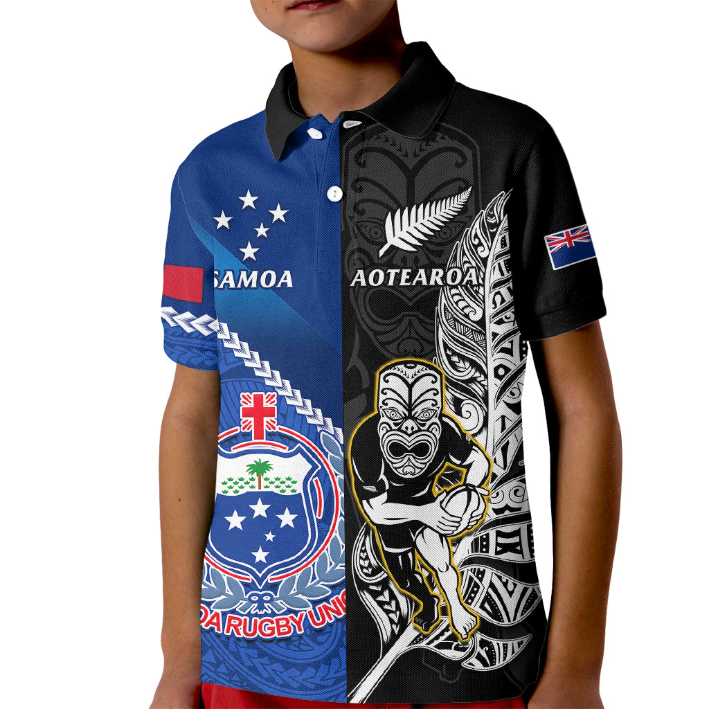 Custom New Zealand And Samoa Rugby Kid Polo Shirt All Black Tiki Fern Mix Manu Samoa 2023 World Cup LT14 Kid Black - Polynesian Pride