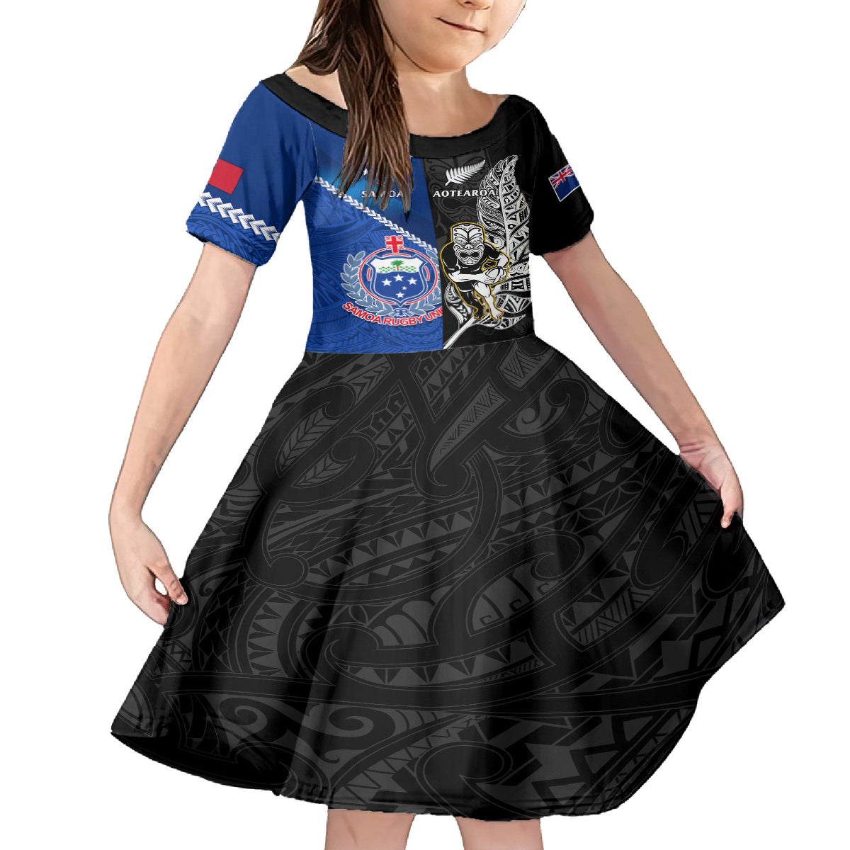 custom-new-zealand-and-samoa-rugby-kid-short-sleeve-dress-all-black-tiki-fern-mix-manu-samoa-2023-world-cup