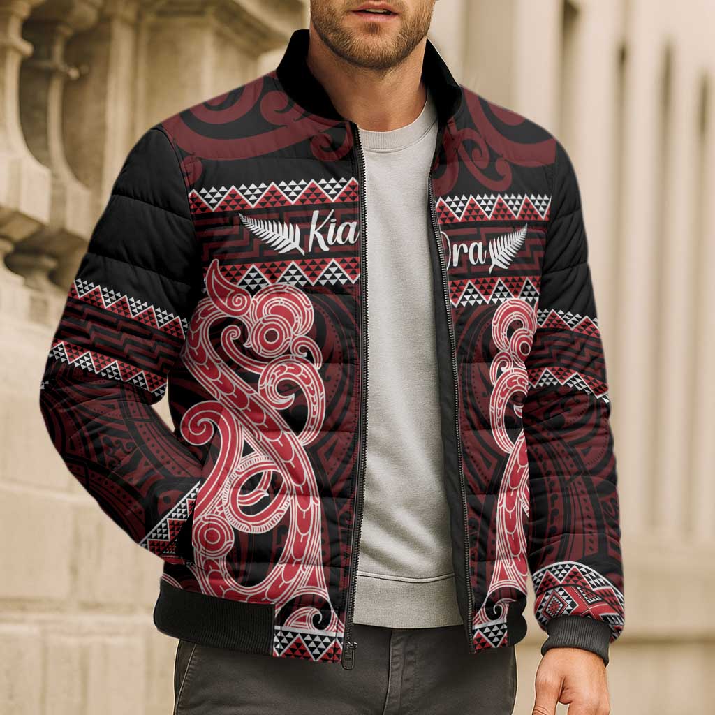 Kia Ora New Zealand Bomber Puffer Jacket Maori Language Week Whero Taniko Motif - Polynesian Pride