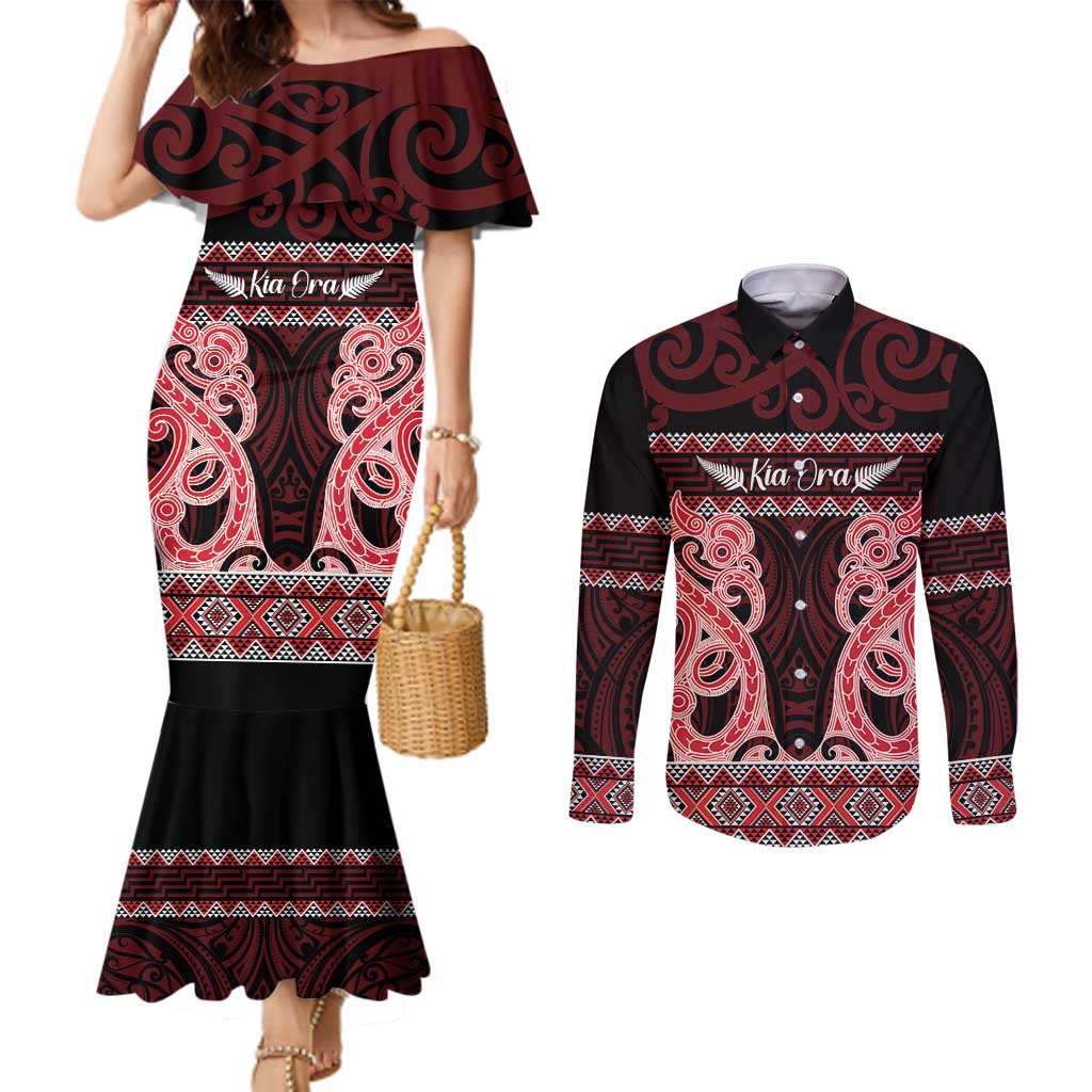 Kia Ora New Zealand Couples Matching Mermaid Dress and Long Sleeve Button Shirt Maori Language Week Whero Taniko Motif - Polynesian Pride