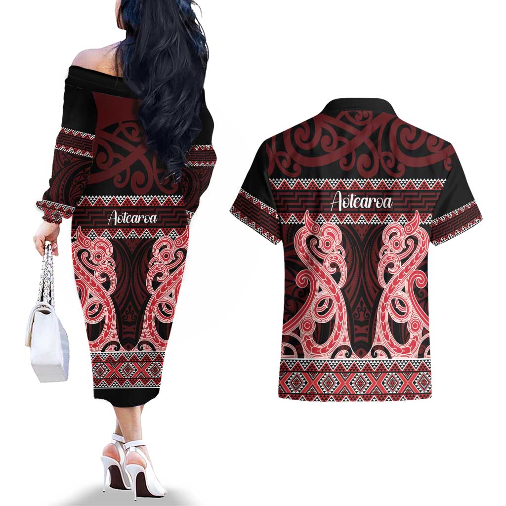Kia Ora New Zealand Couples Matching Off The Shoulder Long Sleeve Dress and Hawaiian Shirt Maori Language Week Whero Taniko Motif - Polynesian Pride