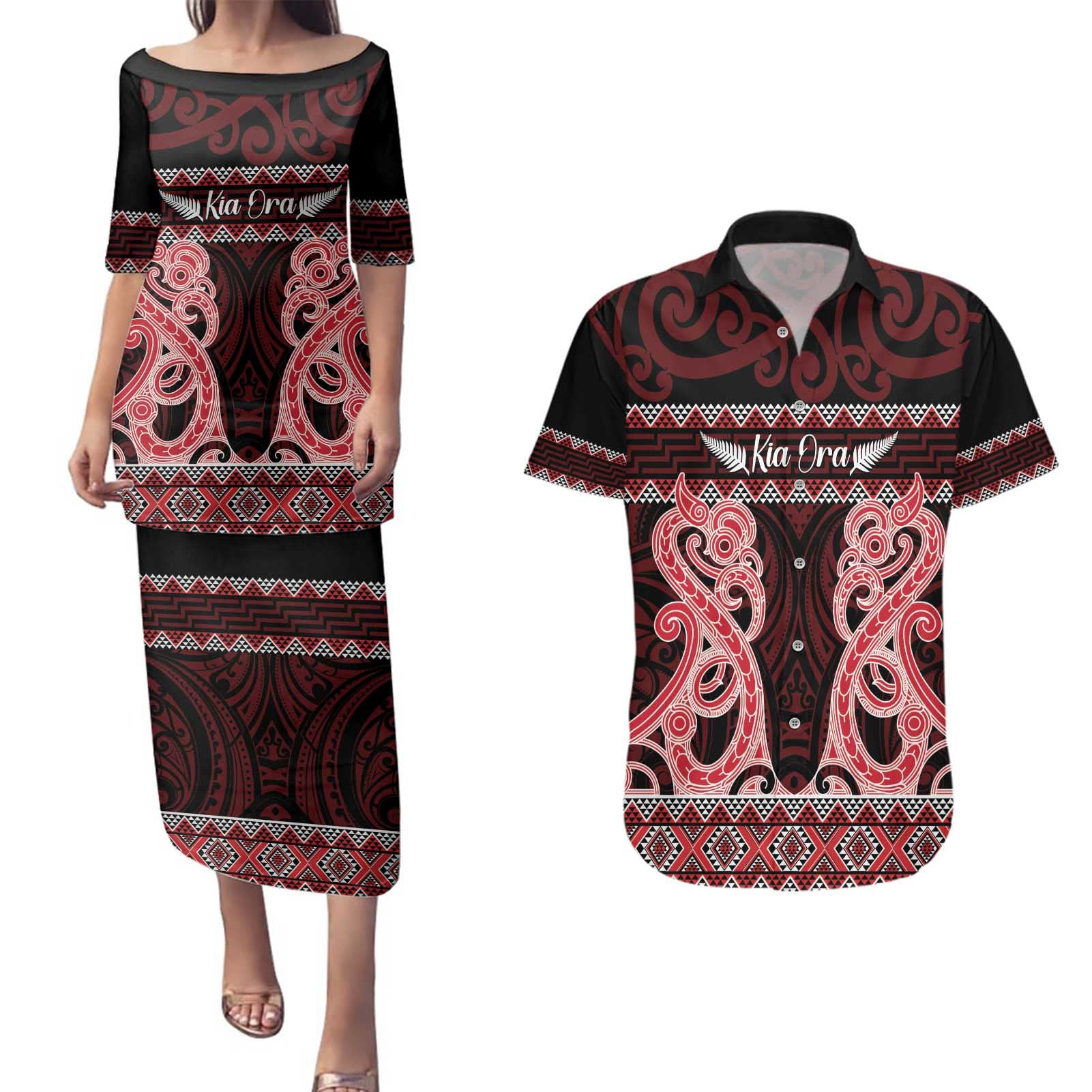 Kia Ora New Zealand Couples Matching Puletasi and Hawaiian Shirt Maori Language Week Whero Taniko Motif - Polynesian Pride