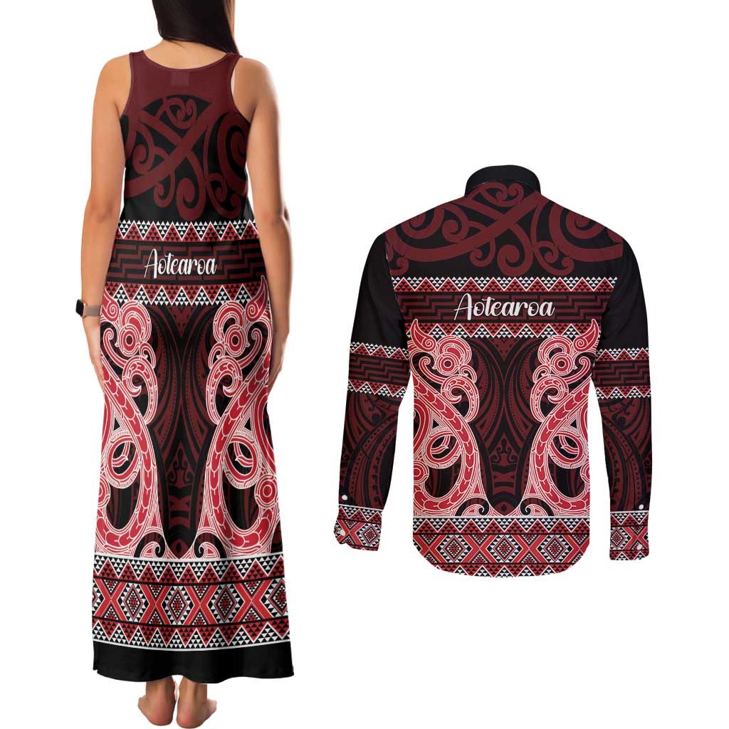 Kia Ora New Zealand Couples Matching Tank Maxi Dress and Long Sleeve Button Shirt Maori Language Week Whero Taniko Motif - Polynesian Pride