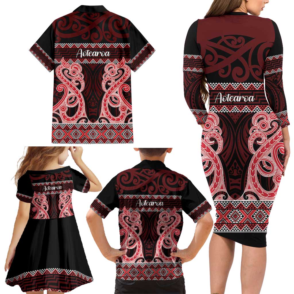 Kia Ora New Zealand Family Matching Long Sleeve Bodycon Dress and Hawaiian Shirt Maori Language Week Whero Taniko Motif - Polynesian Pride