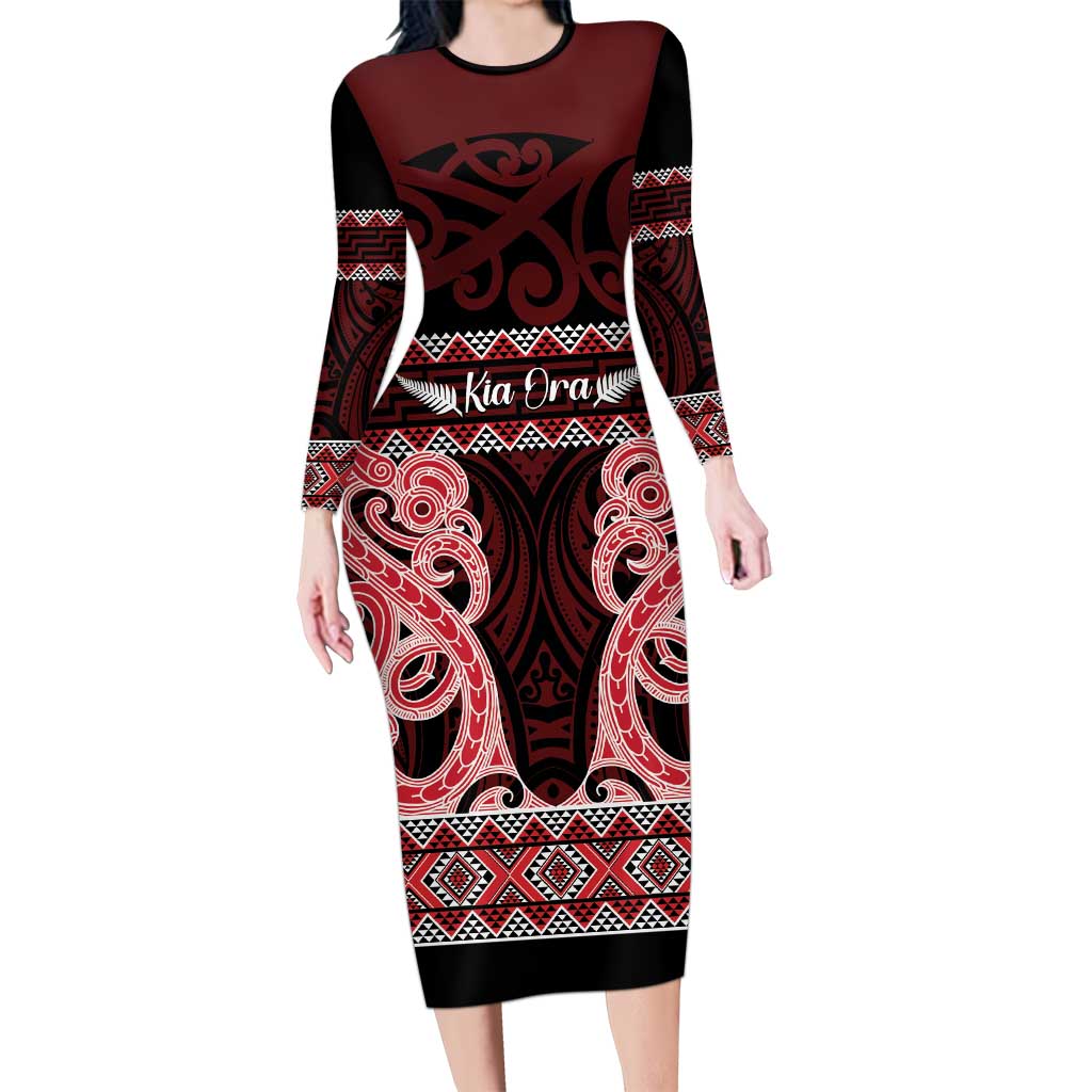 Kia Ora New Zealand Family Matching Long Sleeve Bodycon Dress and Hawaiian Shirt Maori Language Week Whero Taniko Motif - Polynesian Pride