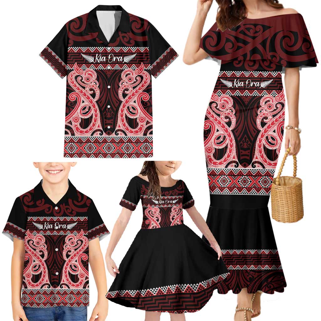 Kia Ora New Zealand Family Matching Mermaid Dress and Hawaiian Shirt Maori Language Week Whero Taniko Motif - Polynesian Pride