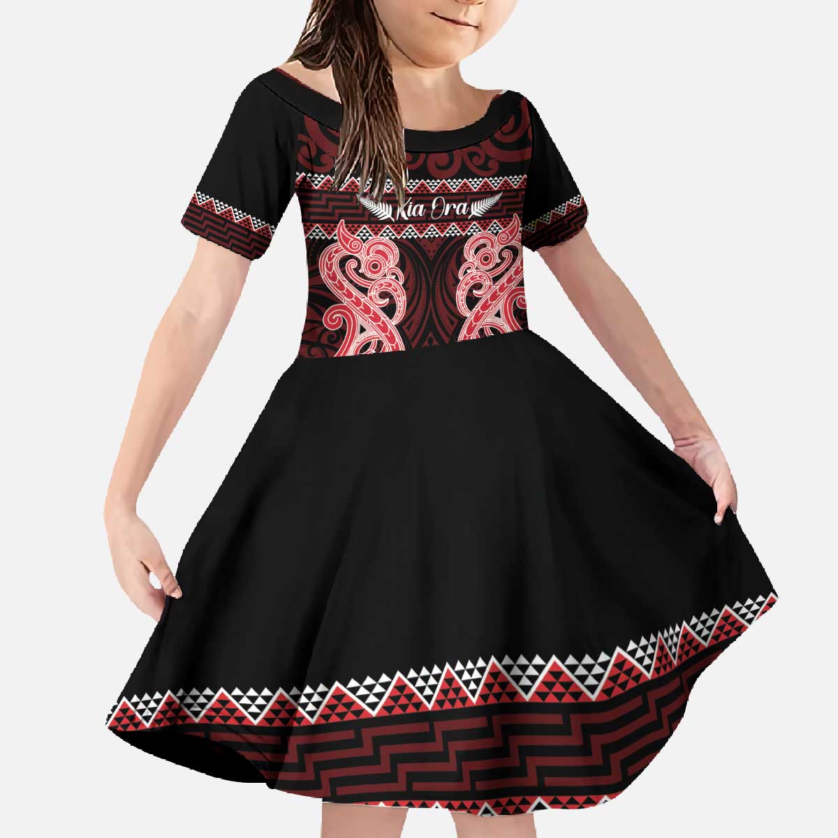 Kia Ora New Zealand Family Matching Off The Shoulder Long Sleeve Dress and Hawaiian Shirt Maori Language Week Whero Taniko Motif - Polynesian Pride