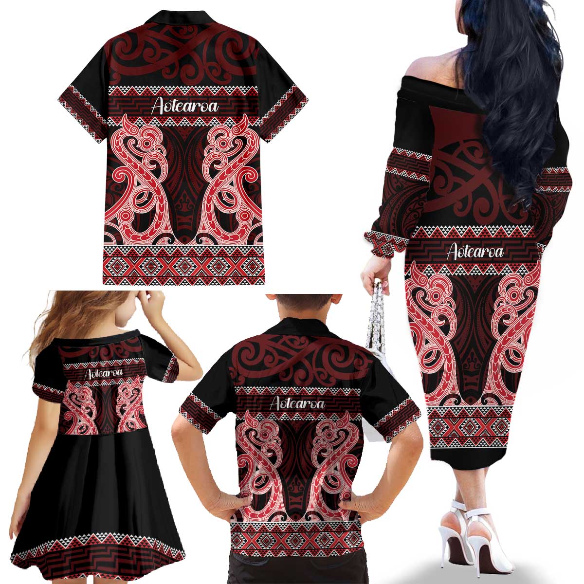 Kia Ora New Zealand Family Matching Off The Shoulder Long Sleeve Dress and Hawaiian Shirt Maori Language Week Whero Taniko Motif - Polynesian Pride