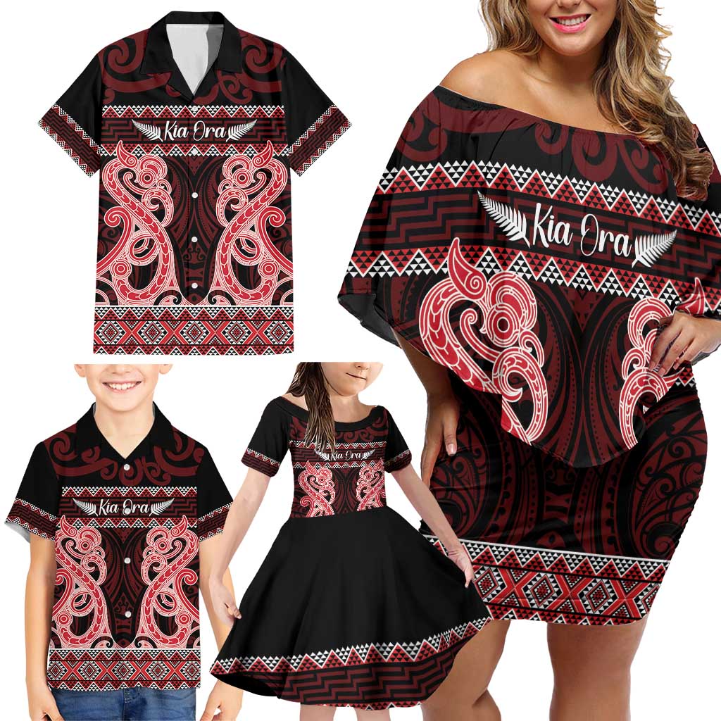 Kia Ora New Zealand Family Matching Off Shoulder Short Dress and Hawaiian Shirt Maori Language Week Whero Taniko Motif - Polynesian Pride