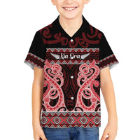 Kia Ora New Zealand Family Matching Off Shoulder Short Dress and Hawaiian Shirt Maori Language Week Whero Taniko Motif - Polynesian Pride