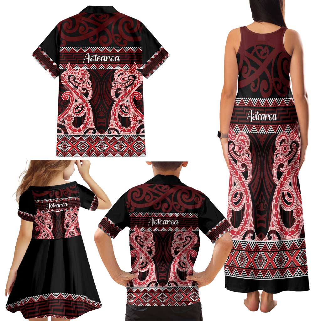 Kia Ora New Zealand Family Matching Tank Maxi Dress and Hawaiian Shirt Maori Language Week Whero Taniko Motif - Polynesian Pride
