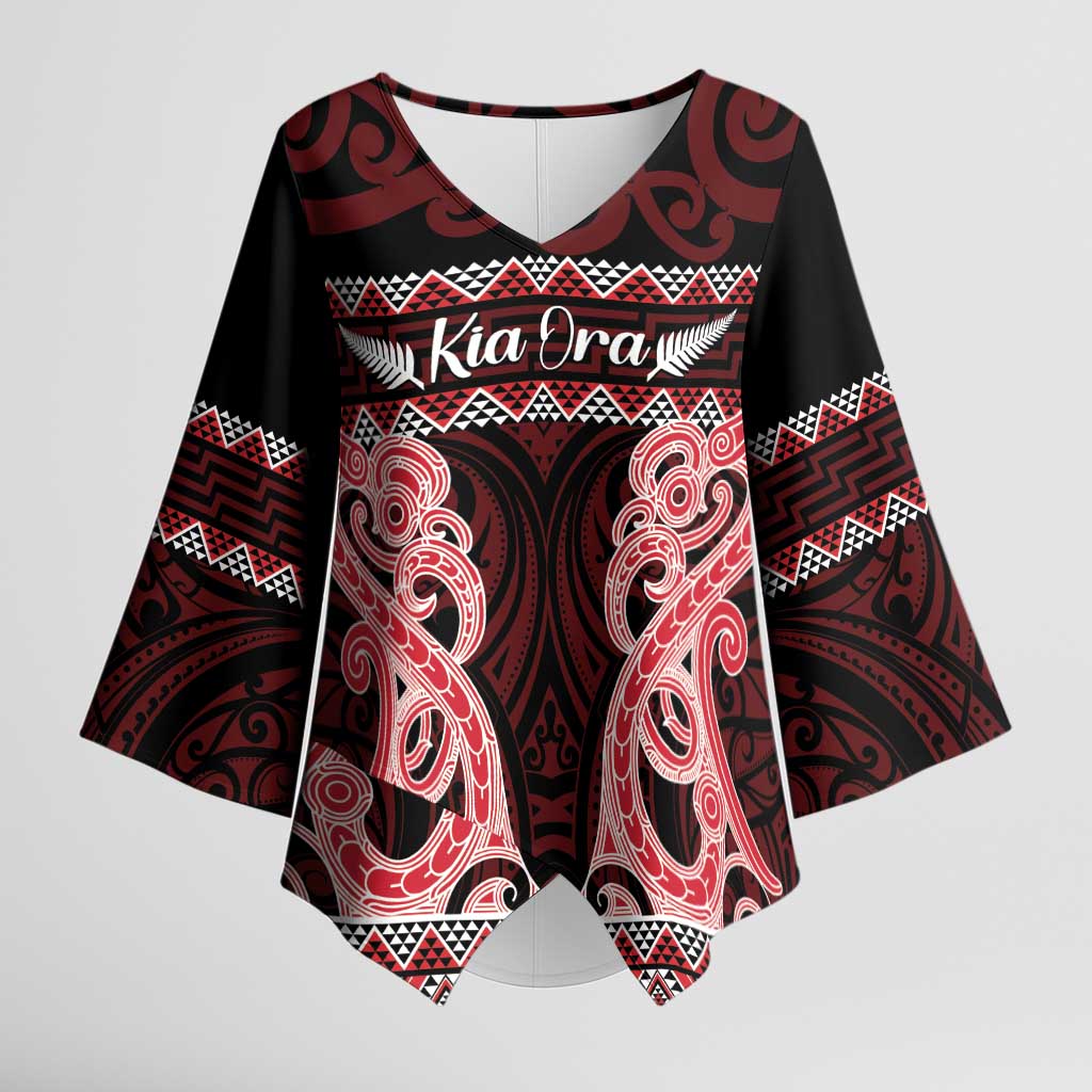 Kia Ora New Zealand Kimono Sleeve Blouse Maori Language Week Whero Taniko Motif - Polynesian Pride