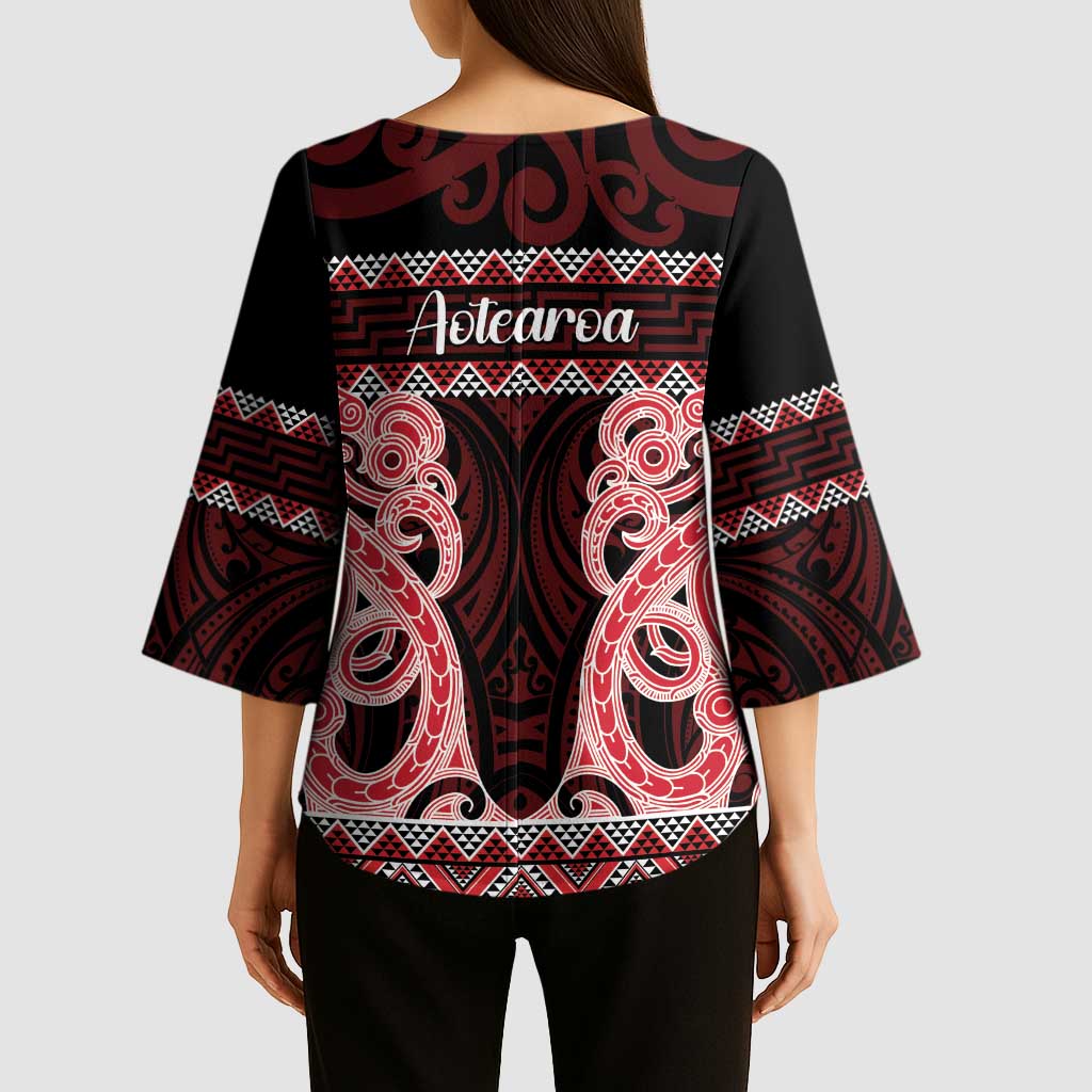 Kia Ora New Zealand Kimono Sleeve Blouse Maori Language Week Whero Taniko Motif - Polynesian Pride