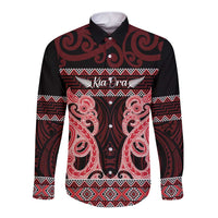 Kia Ora New Zealand Long Sleeve Button Shirt Maori Language Week Whero Taniko Motif - Polynesian Pride