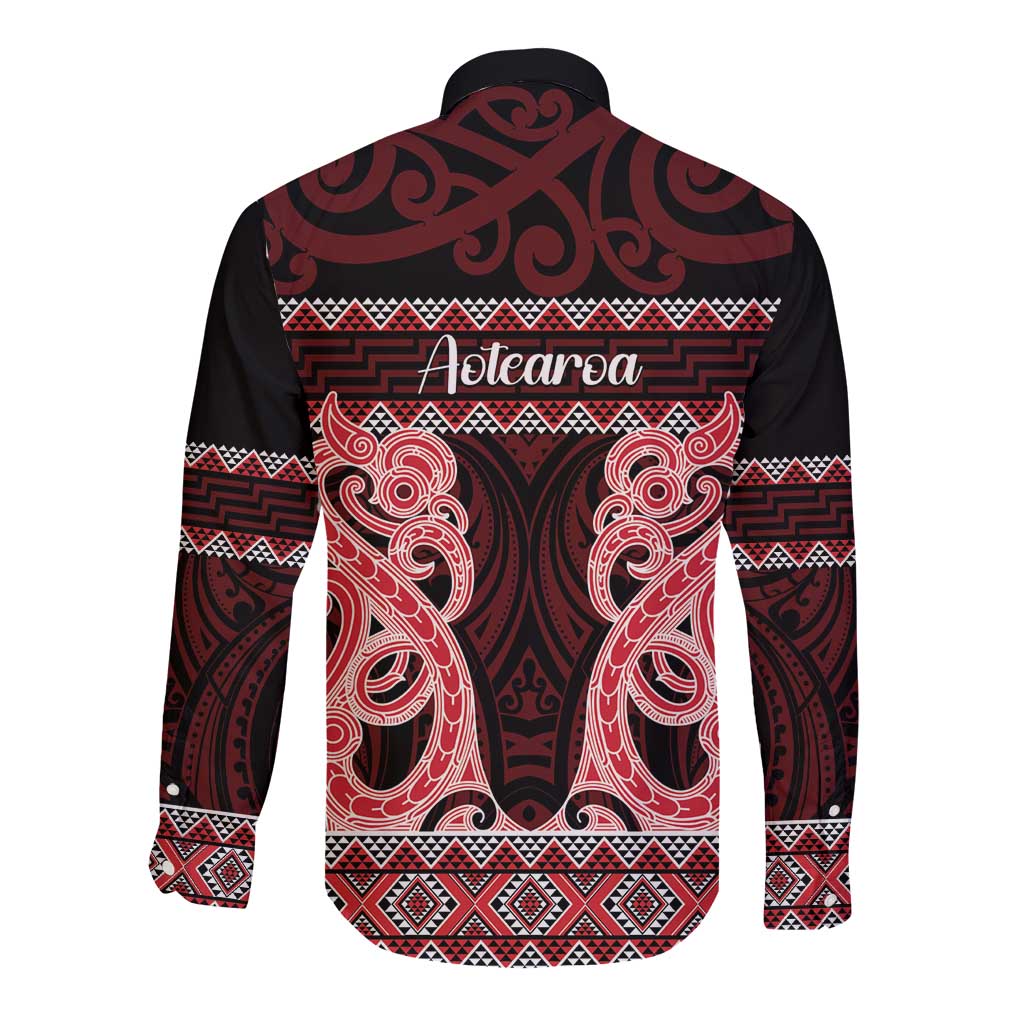 Kia Ora New Zealand Long Sleeve Button Shirt Maori Language Week Whero Taniko Motif - Polynesian Pride
