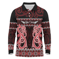 Kia Ora New Zealand Long Sleeve Polo Shirt Maori Language Week Whero Taniko Motif - Polynesian Pride