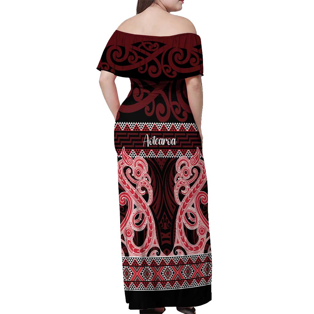 Kia Ora New Zealand Off Shoulder Maxi Dress Maori Language Week Whero Taniko Motif - Polynesian Pride